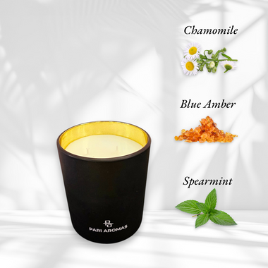 Pari Aromas scented candle with blue amber, ashwagandha, and eucalyptus, a calming blend of warmth and freshness.