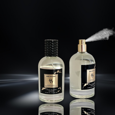A bespoke room spray with a tropical blend of passionfruit, peach, and jasmine, enhanced by begonia, plumeria, and orris. Warm coconut, amber, and sea salt mingle with solar musk and driftwood for a luxurious, plant-based fragrance experience.